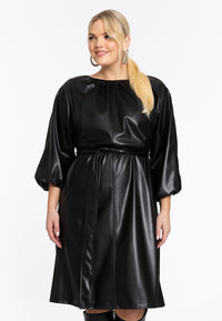 Dress with puff sleeves FAUX LEATHER - black - #1