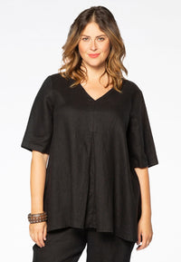 Blouse pleated v-neck LINEN - black - #2