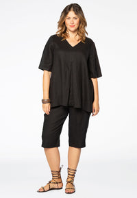 Blouse pleated v-neck LINEN - black - #1