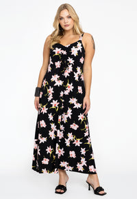 Maxi dress puckering HIBISCUS - black - #1