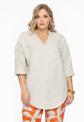 Blouse V-neck LINEN - light brown - #1