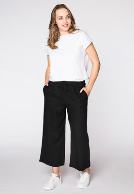 Cropped trousers waist cord LINEN - black  - #1